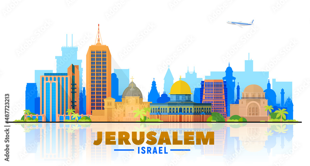 Obraz premium Jerusalem, Israel skyline with panorama in white background. Vector Illustration. Business travel and tourism concept with modern buildings. Image for presentation, banner, website
