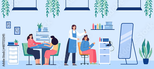 Women in beauty salon flat vector illustration. Hairdresser doing hairstyle to girl while she looking at mirror. Manicurist sitting and painting clients nails. Beauty, interior concept