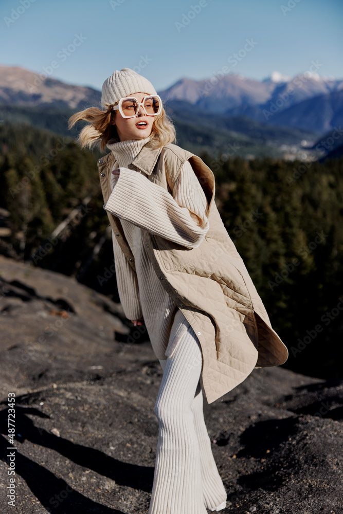 young woman fashion clothes mountains landscape nature lifestyle
