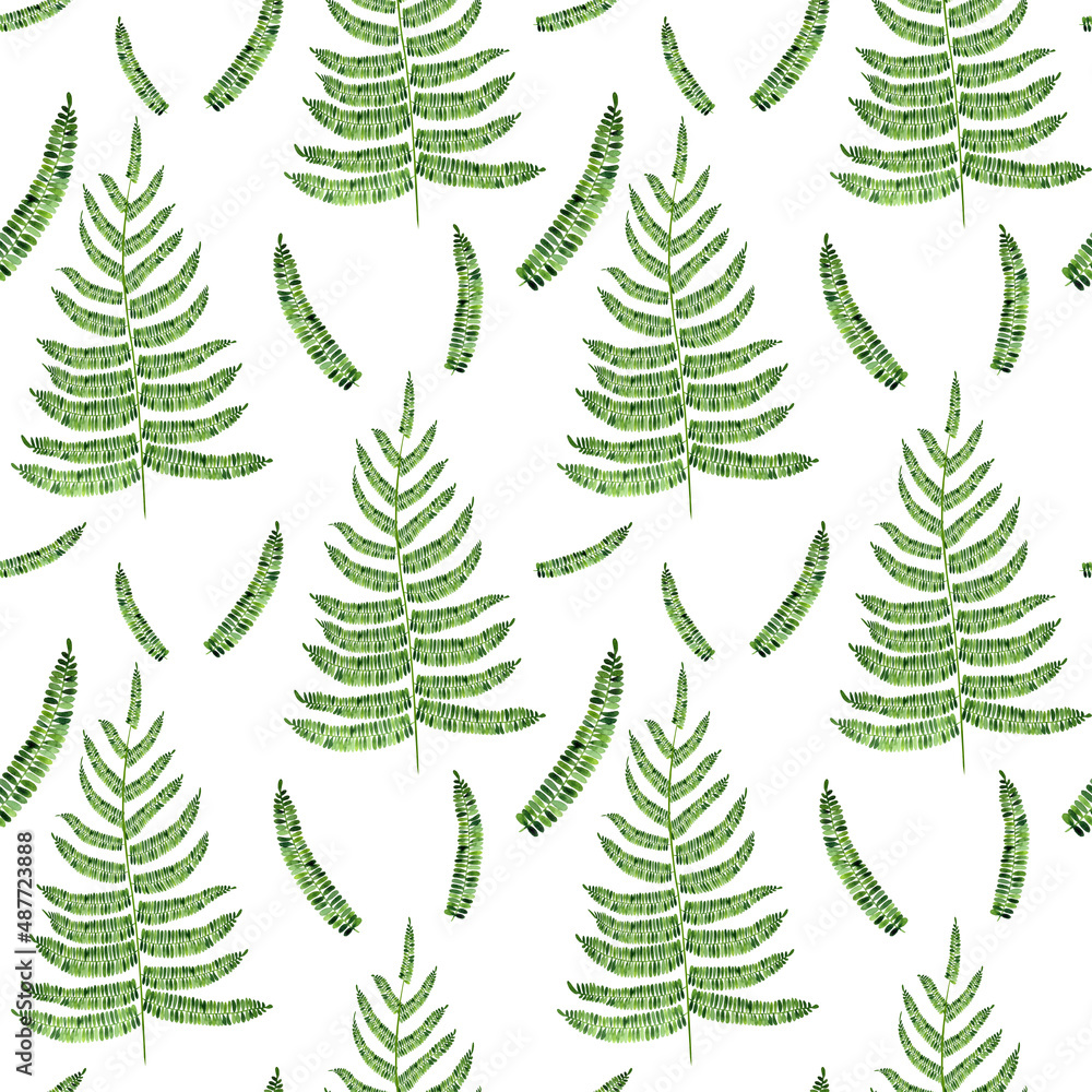Obraz premium Fern branch seamless watercolor pattern. Hand drawn botanical illustration. Endless texture with fern foliage on isolated background. Green leaves wallpaper. For printing on fabric and wrapping paper.