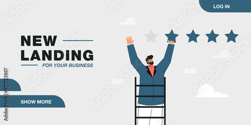 Man standing on stairs and giving four star rating. Cartoon character evaluating service flat vector illustration. Feedback, review concept for banner, website design or landing web page