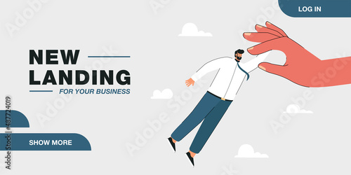 Huge hand holding hand of tiny man flat vector illustration. Support, help, partnership, friendship concept for banner, website design or landing web page
