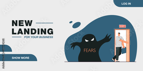 Man leaving room full of fears. Flat vector illustration. Man leaving through door with inscription exit away from frightening thoughts. Motivation, decision, courage, determination, exit concept