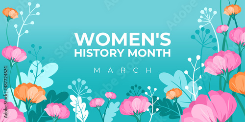 Women's History Month. Vector banner, poster, flyer, greeting card for social media with the text Women s History Month, march. Beautiful bouquet of flowers on blue background. Concept for women.