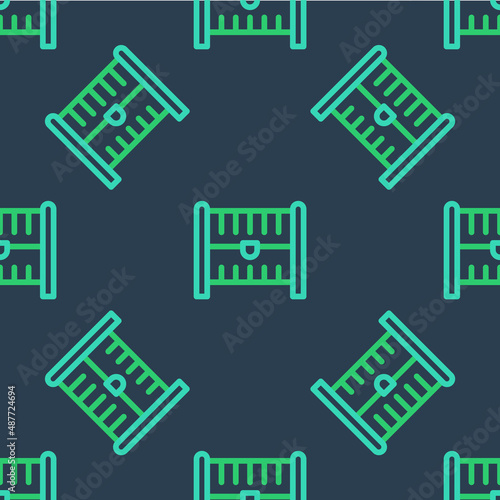 Line Antique treasure chest icon isolated seamless pattern on blue background. Vintage wooden chest with golden coin. Vector