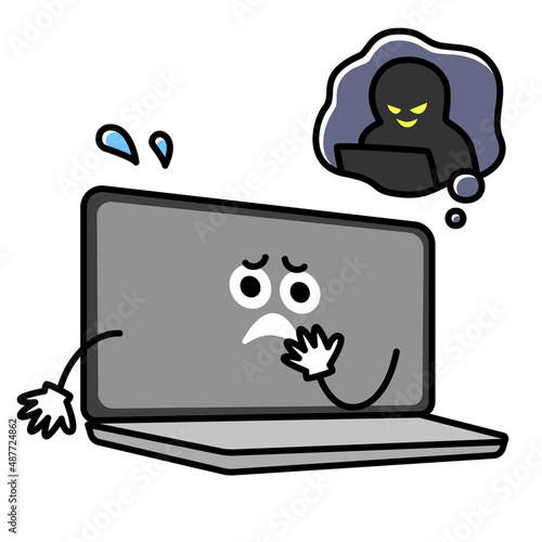 ノートパソコンのキャラクター。ハッキングされてるPCのイラスト。
