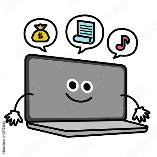 ノートパソコンのキャラクター。お金と個人データと音楽のアイコンのイラスト。