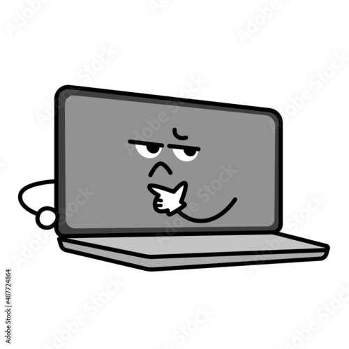 ノートパソコンのキャラクター。何かを悩んでいるPCのイラスト。