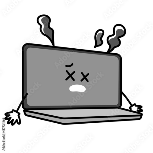 ノートパソコンのキャラクター。故障して煙が出てるPCのイラスト。