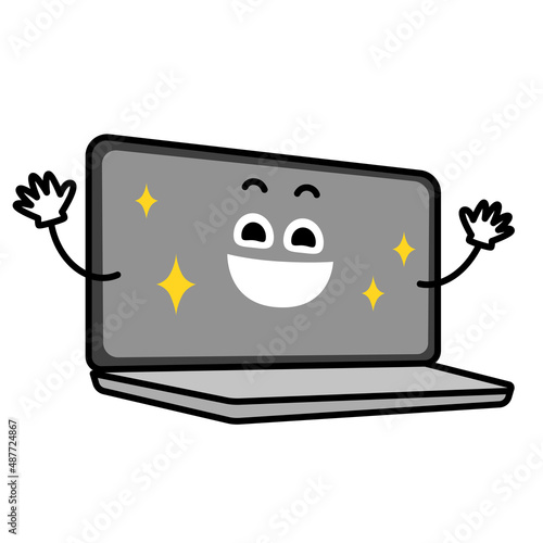 ノートパソコンのキャラクター。掃除または修理して綺麗になったPCのイラスト。