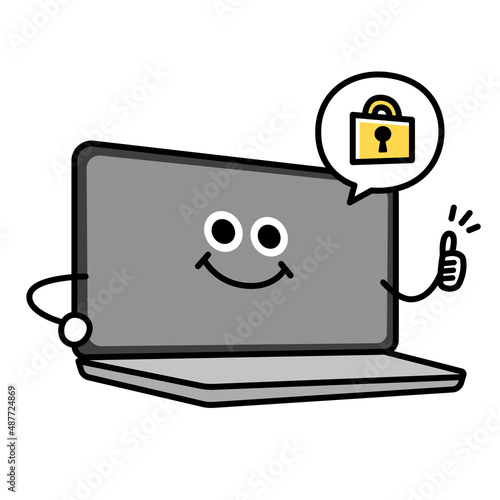 ノートパソコンのキャラクター。鍵のアイコン。安全になったPCのイラスト。