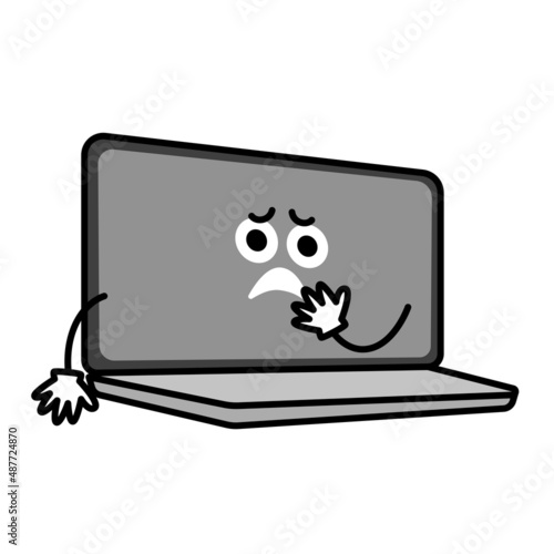 ノートパソコンのキャラクター。何かに驚いてるPCのイラスト。