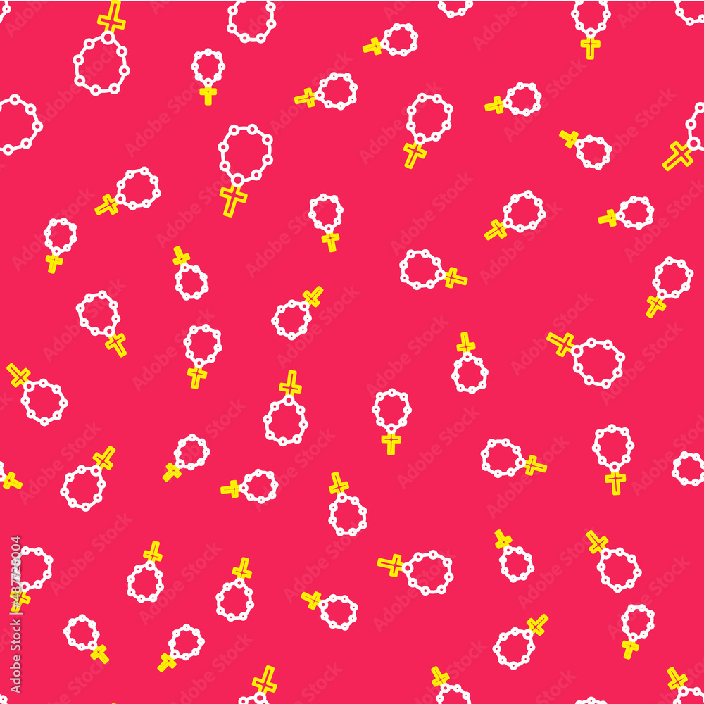Line Rosary beads religion icon isolated seamless pattern on red background. Vector Line Rosary beads religion icon isolated seamless pattern on red background. Vector