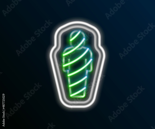 Glowing neon line Egypt mummy in sarcophagus icon isolated on black background. Colorful outline concept. Vector