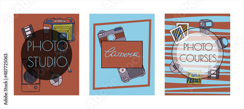 Vector photo cameras sketch banners. Hand drawn style. Different types of cameras in retro and modern style. Doodle accessories for photographers. Flash, lens, light, lens