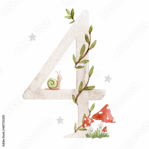 Beautiful stock illustration with watercolor hand drawn number 4 and cute mushrooms for baby clip art. Four month, years.