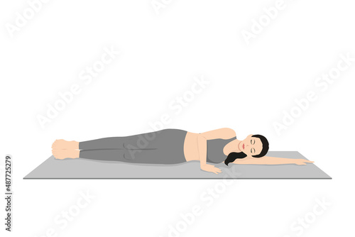 Easy Side Reclining Pose Variation. Beautiful girl practice Sahaja Anantasana Variation. Young attractive woman practicing yoga exercise. working out, black wearing sportswear, grey pants and top,