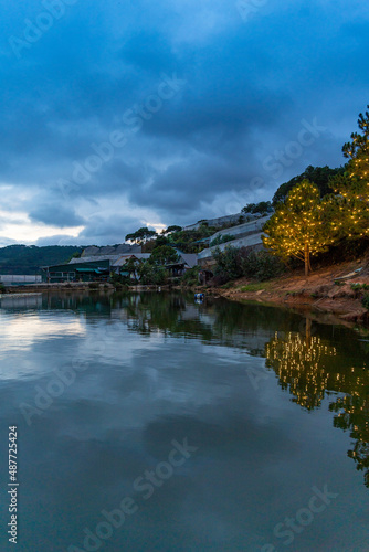 An Son Ho lake in sunset  Da Lat  Viet Nam. Beautiful landscape with clouds and misty. Panorama