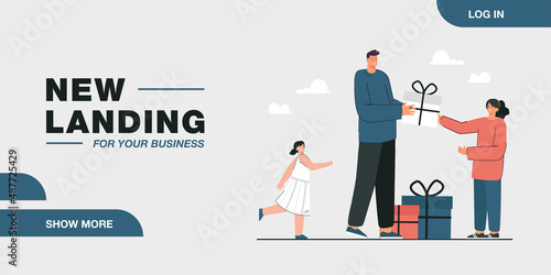 Young man giving gifts to girls. Flat vector illustration. Man giving out gift boxes to happy girls of different ages. Holiday, childhood, party, joy, surprise concept for banner design, landing page