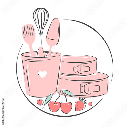 Pastry shop logo. Set of tools for making pastries, cookies and cakes. Confectionery tools and different berries. Vector illustration 