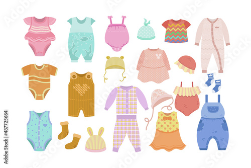 Clothes for newborn boy and girl cartoon illustration set. Cute colorful pants, shirts, dresses, overall, onesie, bonnets, socks for children isolated on white background. Babys apparel concept