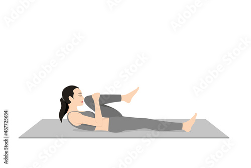 Half Wind Release Pose Nose To Knee. Beautiful girl practice Ardha Pavan Muktasana Nose To Knee. Young attractive woman practicing yoga exercise. working out, black wearing sportswear, grey pants