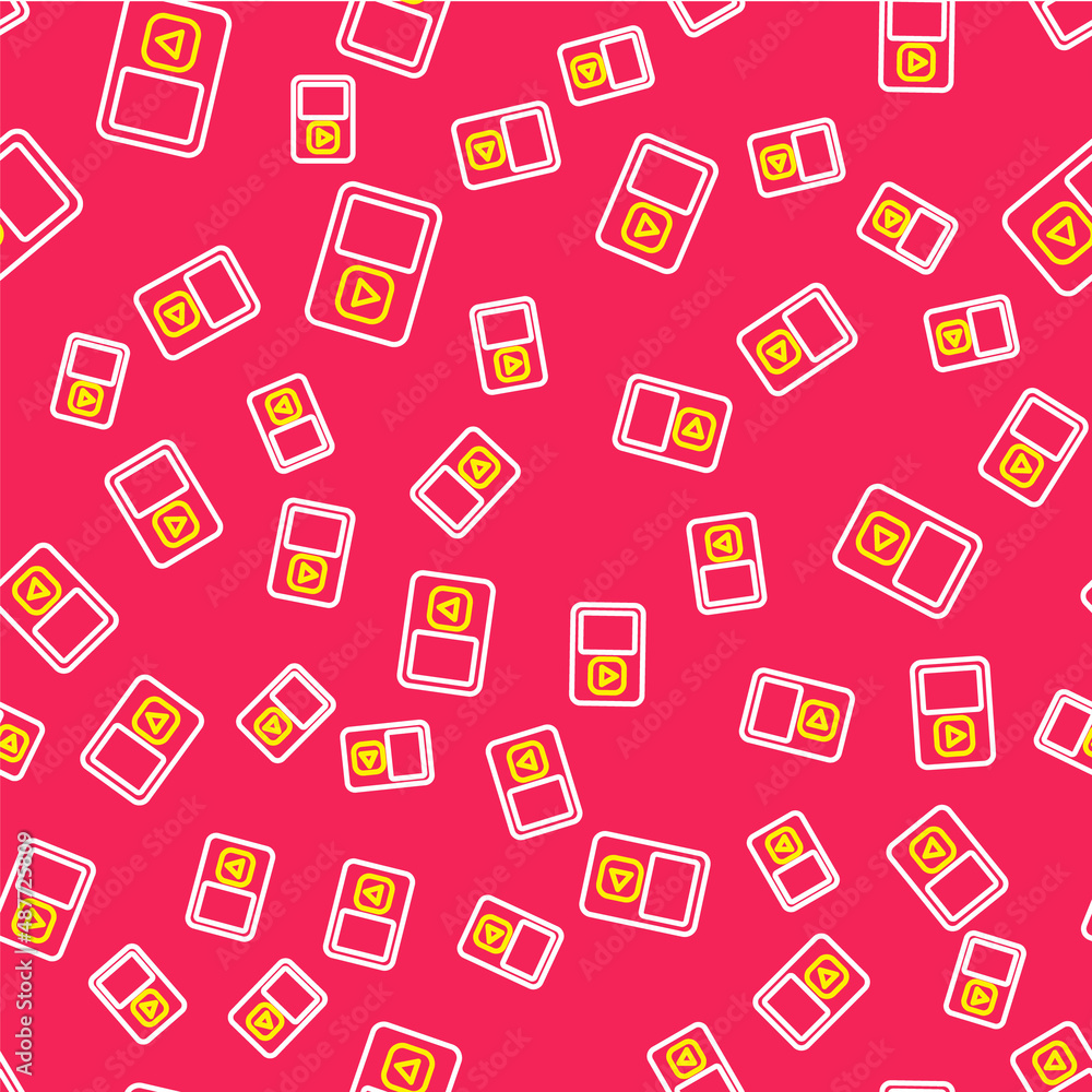 Line Music player icon isolated seamless pattern on red background. Portable music device. Vector
