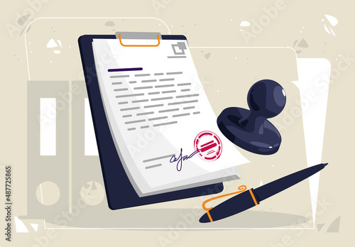 vector illustration of sheets of paper with contracts signed and stamped by the organization, business documentation © Leonid