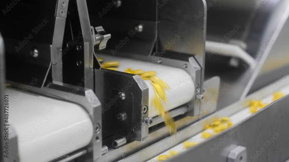 4K video of vitamins and minerals being pumped into a small pill moving onto a conveyor belt for drying before packaging. 4K video of vitamins and minerals being pumped into a small pill moving onto a conveyor belt for drying before packaging.