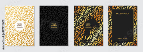 Cover design set. Modern stylish backgrounds, golden grunge texture, vertical templates. Geometric embossed 3D pattern. Topical idea for brochure, catalog, book, poster, flyer design.