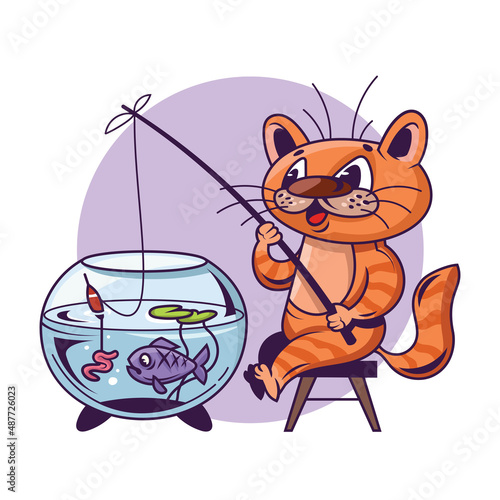 Cat catching fish from aquarium with bait. Illustration with cartoon animal.