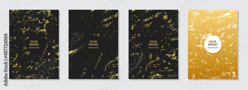 Cover design set. Modern holiday backgrounds, golden grunge texture, vertical templates. Geometric pattern with glitters. Topical idea for brochure, catalog, book, poster, flyer design.