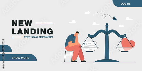 Sad man sitting next to scales with heart and credit card. Male person making choice between love and money, relationship and work flat vector illustration. Dilemma, difficult decision concept