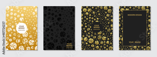 Cover design set. Creative backgrounds, golden grunge texture, vertical templates. Geometric pattern with glitters, circles. Topical idea for brochure, catalog, book, poster, flyer design.