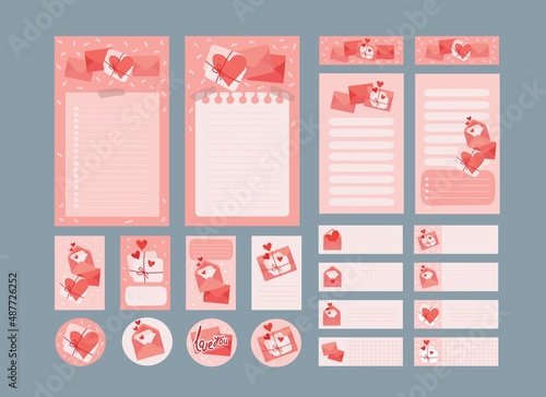February planner for Valentine's Day. Notepad sheets, stickers. Hand-drawn icons of pink hearts, love letters. Vector isolated colorful element. 