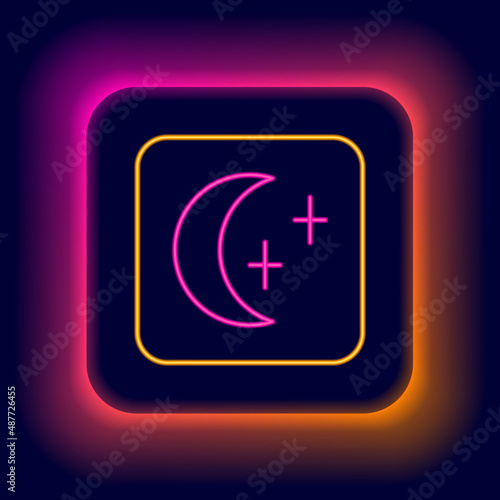 Glowing neon line Moon and stars icon isolated on black background. Cloudy night sign. Sleep dreams symbol. Full moon. Night or bed time sign. Colorful outline concept. Vector