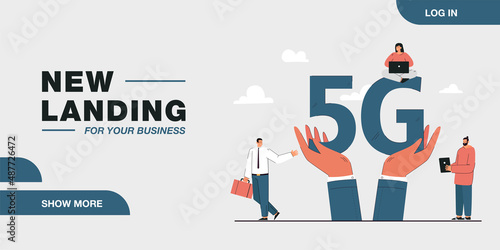 People using gadgets and huge hands holding 5G. Persons with wireless network flat vector illustration. Technology, internet, communication concept for banner, website design or landing web page