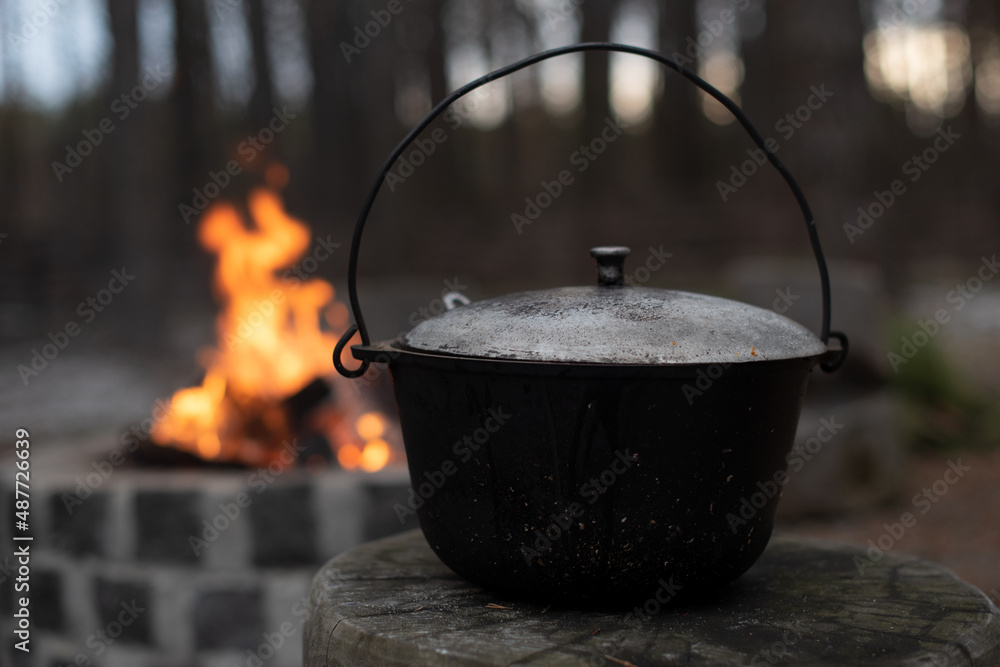Food in the pot over the fire, tourist camp, preparing food. Camp hot food for tourists in the forest. Food in the pot over the fire, tourist camp, preparing food. Camp hot food for tourists in the forest.