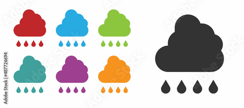 Black Cloud with rain icon isolated on white background. Rain cloud precipitation with rain drops. Set icons colorful. Vector