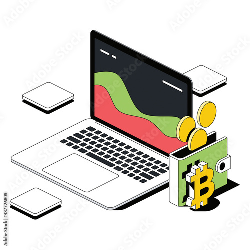 Laptop charts, Wallet, bitcoin coins. Vector 3d sketch line isometric style, color icon illustration. Creative design idea and infographics elements.