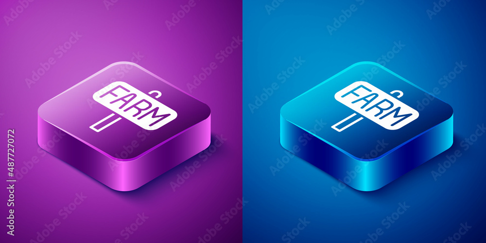 Isometric Location farm icon isolated on blue and purple background. Square button. Vector Isometric Location farm icon isolated on blue and purple background. Square button. Vector