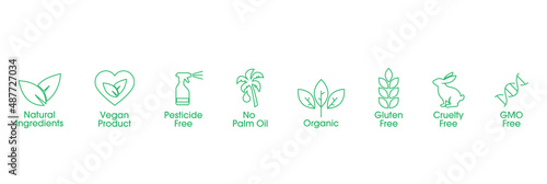 natural ingredients  vegan product  pesticides free  no palm oil  organic  gluten-free  cruelty-free  GMO-free icon set