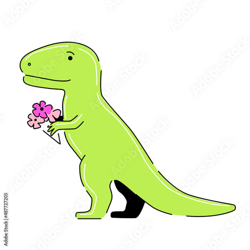 Funny dinosaur with flowers. cute tyrannosaurus. Perfect for greeting card or for t shirt print. Vector illustration.