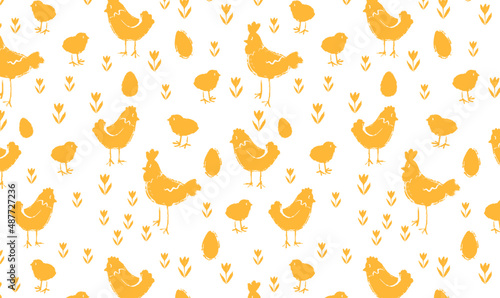 Easter background with hens, rooster, chicken and eggs in scandinavian style. Yellow seamless pattern.