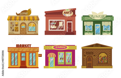 Shop building facades cartoon illustration set. Exterior of cafe, market, candy, flower, art and book stores isolated on white background. Store windows concept