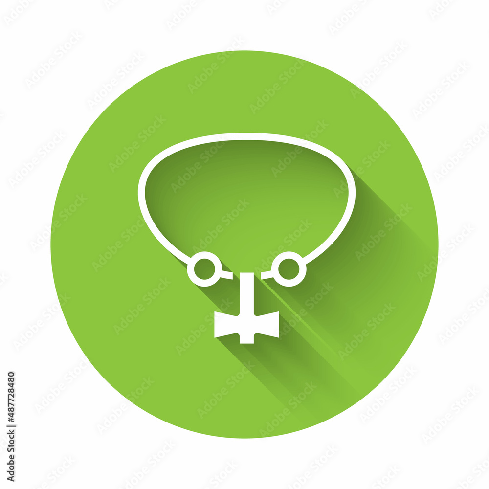 White Necklace with gem icon isolated with long shadow background. Green circle button. Vector White Necklace with gem icon isolated with long shadow background. Green circle button. Vector