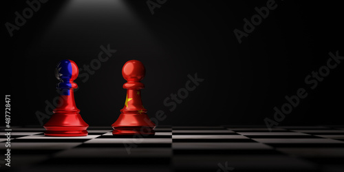 China and Taiwan flag print screen to pawn chess on chess board for both countries conflict and military  problem concept.