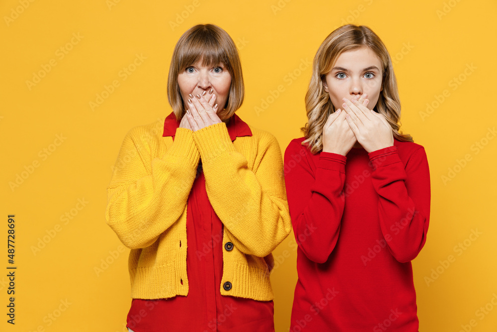 Happy shocked amazed woman 50s in red shirt have fun with teenager girl 12-13 years old. Grandmother granddaughter cover mouth with hand isolated on plain yellow background. Family lifestyle concept. Happy shocked amazed woman 50s in red shirt have fun with teenager girl 12-13 years old. Grandmother granddaughter cover mouth with hand isolated on plain yellow background. Family lifestyle concept.
