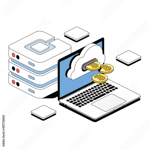 Bitcoin coins, laptop, server. Vector 3d sketch line isometric style, color icon illustration. Creative design idea and infographics elements.