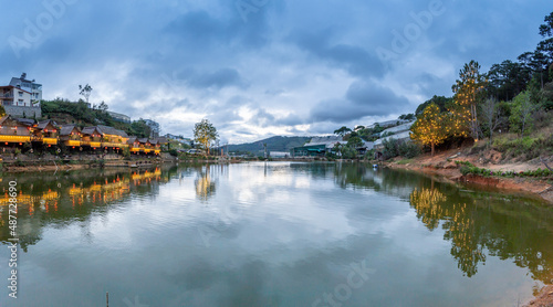 An Son Ho lake in sunset, Da Lat, Viet Nam. Beautiful landscape with clouds and misty. Panorama